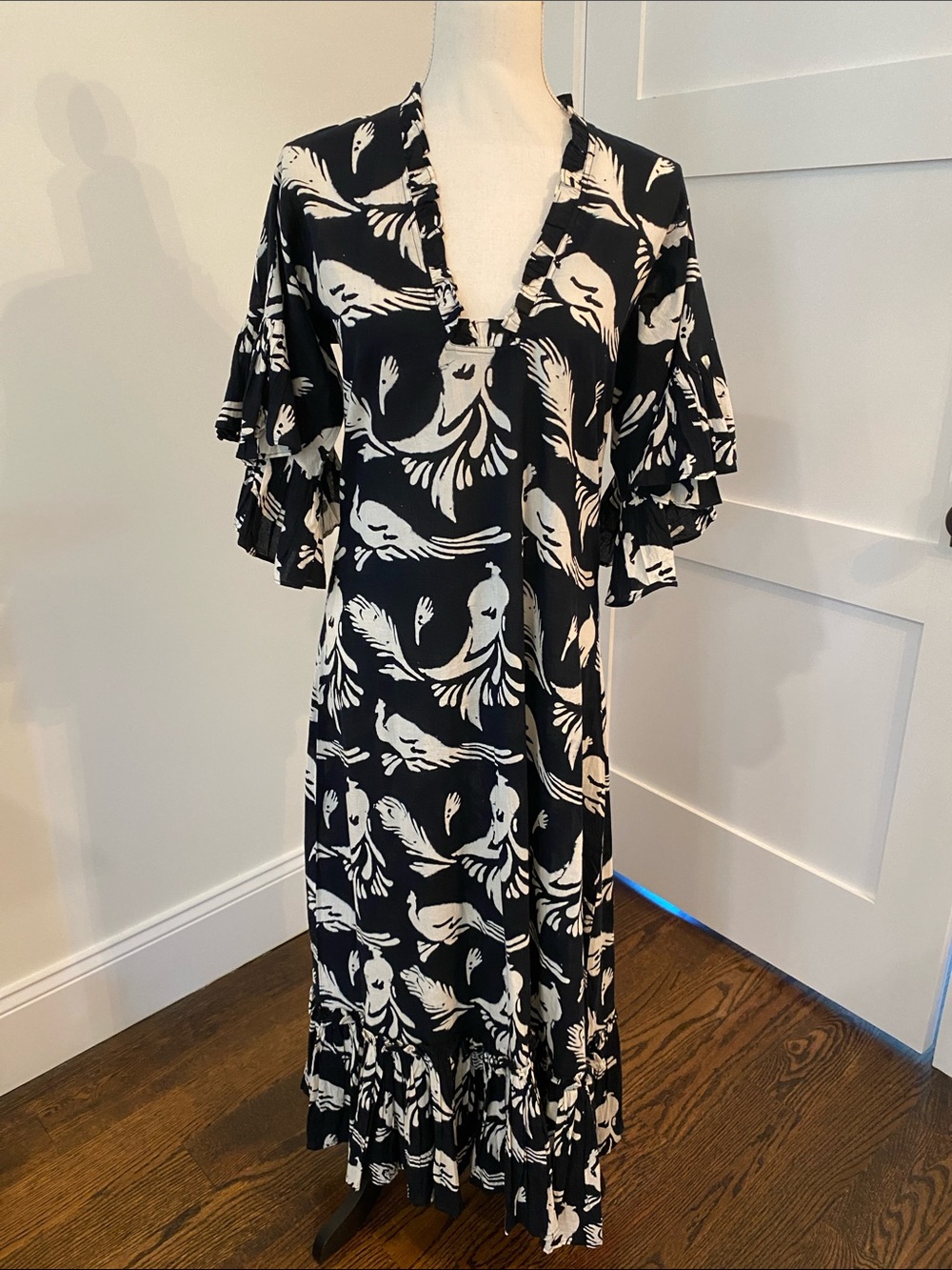 Black & White Printed Ruffle-Sleeve Maxi Dress